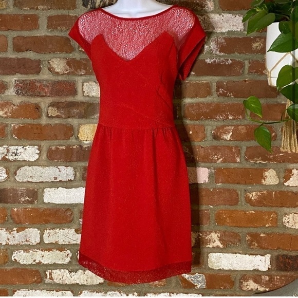 The Kooples Red Lace Illusion Mini Dress short sleeve Size XS - Picture 2 of 9